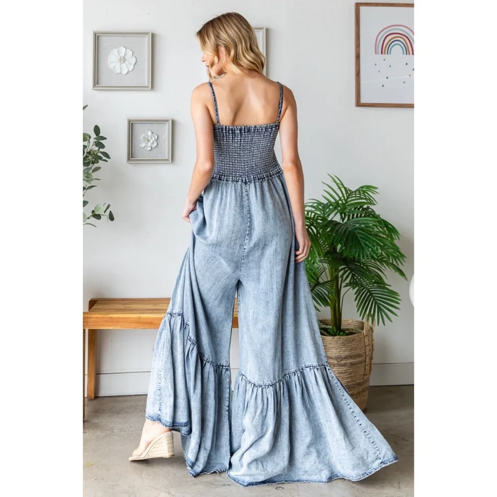 Oli & Hali Mineral Washed Flowy Tencel Denim Relaxed Fit Wide Leg Jumpsuit - Picture 6 of 8